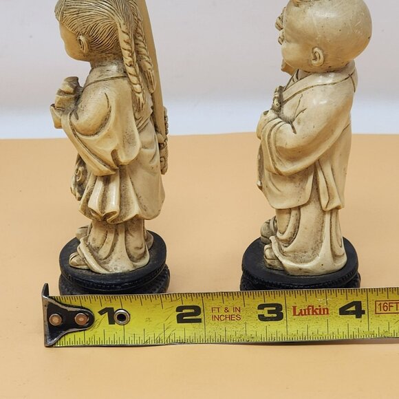 Vintage Asian Girl Figurines Pair On Black Bases Handcrafted Resin - Picture 13 of 13